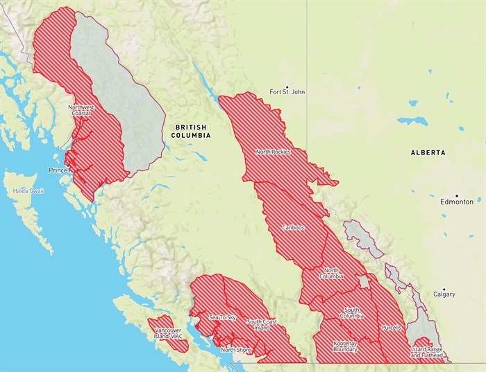A map of the regions covered by the special public avalanche warning.