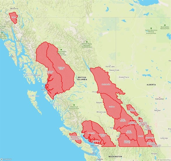 Avalanche Canada's map of the areas currently under an avalanche warning. 