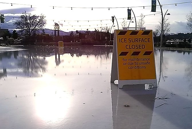 Downtown Kelowna’s Stuart Park Arena was closed in January when the soaring temp turned the ice rink into a large, wet puddle.
