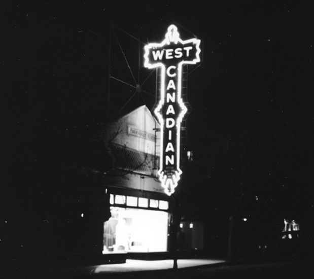 West Canadian Hydro Electric Corporation Ltd. neon sign in Vernon, circa 1936, believed to be the first neon sign in Vernon.