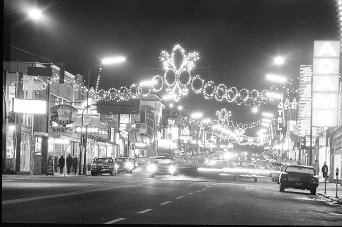 Penticton's downtown core ablaze with neon and Christmas lighting on Dec. 16, 1969.