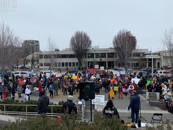A protest against COVID-19 restrictions was held in Kelowna's Stuart Park, Feb. 13, 2021.