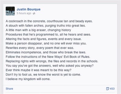 The last Facebook post by Justin Bourque, alleged shooter of RCMP officers in Moncton, N.B. contains Megadeth lyrics.