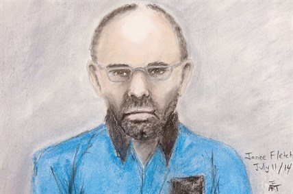 Court sketch of Douglas Garland appearing in court in Calgary July 11, 2014. Garland, a person of interest in Calgary missing person case, has been released on bail.