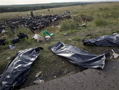 Bodies of victims are covered in plastic sacks at the crash site of Malaysia Airlines Flight 17 near the village of Hrabove, eastern Ukraine, Saturday, July 19, 2014.