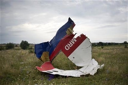 A piece of the crashed Malaysia Airlines Flight 17 lies in the grass near the village of Hrabove, eastern Ukraine, Saturday, July 19, 2014.