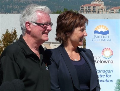 Kelowna Mayor Walter Grey, left, and B.C. Premier Christy Clark at the announcement of the construction of the Okanagan Centre for Innovation in downtown Kelowna on Monday, July 28, 2014.