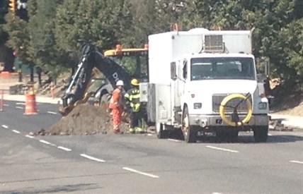 An excavator struck the gas line causing a leak in downtown Kamloops August 5, 2014.