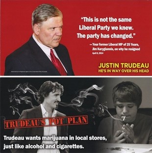 The front and back of a leaflet attacking Justin Trudeau, is shown. 