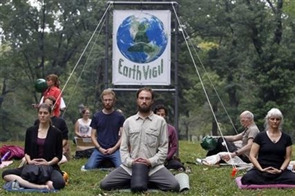 Demonstrators gather in Central Park before the People's Climate March Sunday, Sept. 21, 2014 in New York.