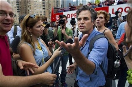 Actor and activist Mark Ruffalo takes questions before the start of the People's Climate March in New York Sunday, Sept. 21, 2014.