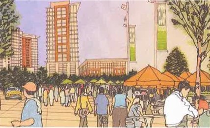An artist's drawing of an open-air market area included in the plans for the redevelopment of the Capri Centre in Kelowna