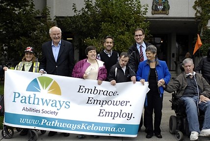 Former Premier Mike Harcourt and acting Mayor Colin Basran spoke at the Pathways Inclusion Chain Wednesday. Also pictured are MP Dan Albas and former Mayor of Kelowna Sharon Shepherd.
