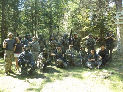 Members of Kelowna Airsoft gather for a photo during their simulated military games at 4K Field off Postill Road north of Kelowna.