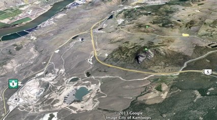 New Afton mine (bottom left) is bordered by Hwy 5, which is the City of Kamloops boundary.