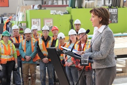 B.C. Premier Christy Clark said the Liberals support corporate tax breaks to a crowd of Britco Structure employees in Penticton on Wednesday.