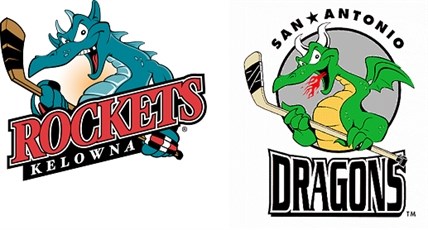 The Ogopogo monster featured on the Kelowna Rockets brand (left) is nearly identical to the dragon on the San Antonio Dragons logo (right).