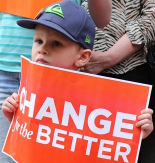 NDP leader Adrian Dix (not shown) shared a word with this young supporter at the NDP rally at the party's Penticton office Monday night.