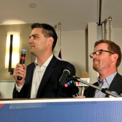 Liberal candidates Todd Stone and Terry Lake of the Kamloops North and South Thompson celebrated their victories at Hotel 540 with a large group of supporters.