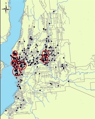 Map of Kelowna showing thefts from motor vehicles for the first quarter of 2013.