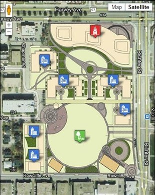 A map of the various residential buildings, towers, public plaza and park space to fill the site. 