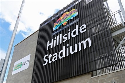 Hillside Stadium will be known by a new name once sponsorship is in place. The smaller sign on the right is the proposed size of the sign that would be posted at the stadium.