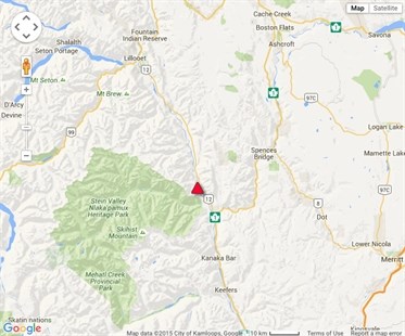 The location of a rock slide which closed Highway 12 north of Lytton for over 24 hours.