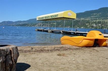 The beach and dock at the Kokanee Beach Resort on Wood Lake in the Okanagan where a father drowned trying to rescue his children.