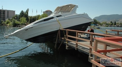 PENTICTON - A 28-foot boat crashed and landed on the Kiwanis Walking Pier near Penticton Lakeside Resort on July 9. No one was reported to have been hurt.