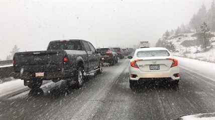 Traffic stalled at the crash scene south of Merritt on Highway 5 on April 2, 2017. 