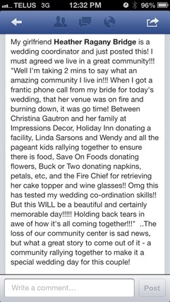 Lenetta Parry posted a message on Facebook from her friend, wedding planner Heather Bridge.