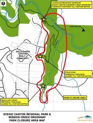 A map showing the areas of Scenic Canyon Regional Park closed due to cougar activity.