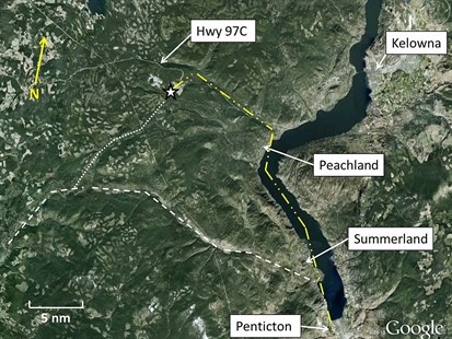 This map shows the probable route of Piper PA-30. The dashed/doubled dotted line shows the route up the lake to the accident site. The dashed line shows the published and filed route. The dotted line shows the low ground route connecting the published route and the probable one the pilot took.