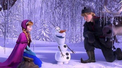 This image released by Disney shows, from left, Anna, voiced by Kristen Bell, Olaf, voiced by Josh Gad, and Kristoff, voiced by Jonathan Groff in a scene from the animated feature 'Frozen.'