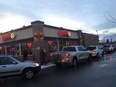 Vehicles lined up around the block at the North Kamloops Wendy's location for Dreamlift Day.