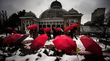 Red umbrellas, that are used as a symbol for sex workers rights, are seen in front of a rally at Allan Gardens park to support Toronto sex workers and their rights in Toronto, Friday, Dec. 20, 2013.