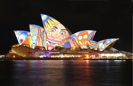 Australia's Sydney Opera House is a popular building to project lighted images. The normal off-white walls are often used as canvas for artist projects.
