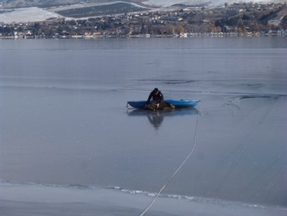 Vernon fire fighters along with Search and Rescue volunteers used a kayak to get to a deer stranded on Okanagan Lake Sunday, Feb. 9, 2014.
