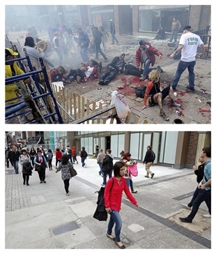 This combination of April 15, 2013 and April 10, 2014 photos show views of Boylston Street with people on the ground after the first of two bombs exploded near the finish line of the 2013 Boston Marathon, then pedestrians walking along the same sidewalk almost a year later in Boston.