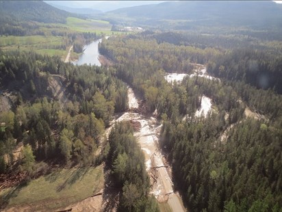 An aerial view of the washout on Mabel Lake Road that destroyed 300 feet of road and a bridge on Friday, May 2, 2014.