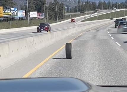 iN VIDEO: Stray tire makes for wheeley weird morning in West Kelowna