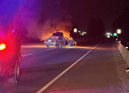 Stolen car goes up in flames after police deploy spike belt on TransCan in Abbotsford