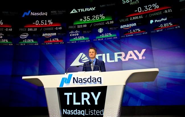 Brendan Kennedy, CEO and founder of British Columbia-based Tilray Inc., a major Canadian marijuana grower, poses before closing Nasdaq, where his company's IPO (TLRY) opened, on July 19, 2018, in New York. THE CANADIAN PRESS/AP, Bebeto Matthews