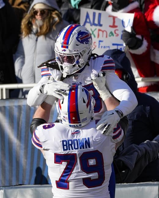 Buffalo Bills tackle Spencer Brown (79) walks off the field