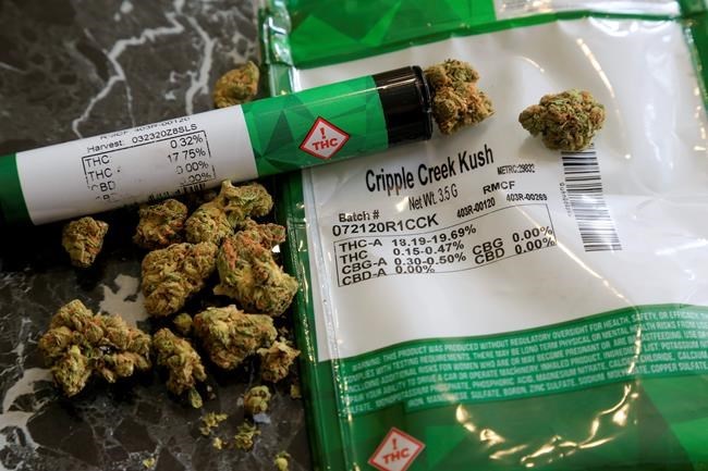 The THC percentages of recreational marijana are visible on the product packaging sitting on a countertop, Monday, April 19, 2021, in Mamaroneck, N.Y. A debate about whether to set marijuana policy based on potency is spreading as more states legalize cannabis. Under a law signed last month, New York will tax recreational marijuana based on its amount of THC, the main intoxicating chemical in cannabis. (AP Photo/Julie Jacobson)