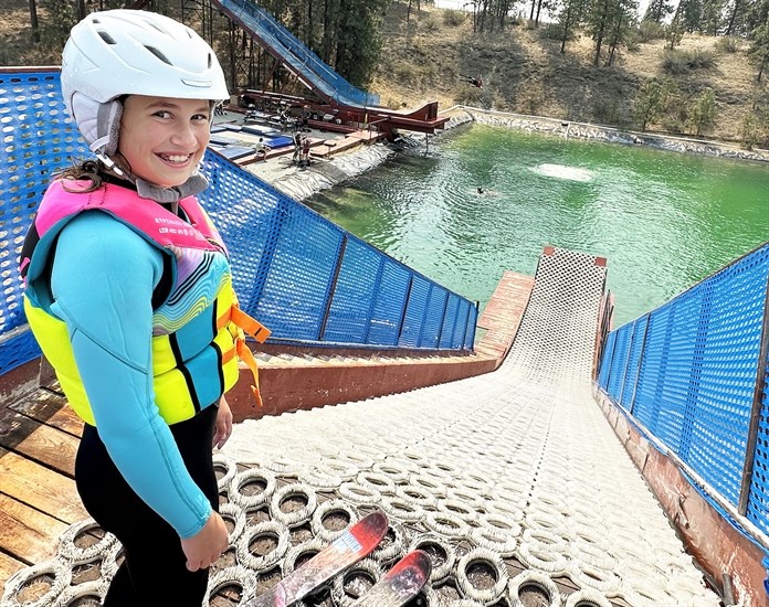 Francesca Farcau prepares for jump at the Apex Freestyle Water Ramps at Covert Farms during off-season training.