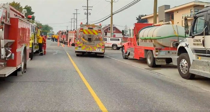 The morning lineup of firetrucks heading to the McDougall Creek Wildfire earlier this week. The evening fire truck parade on Old Okanagan Highway have now come to an end.