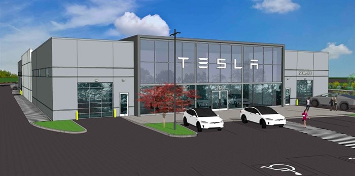 This is a rendering of the new Tesla dealership planned for Kelowna.