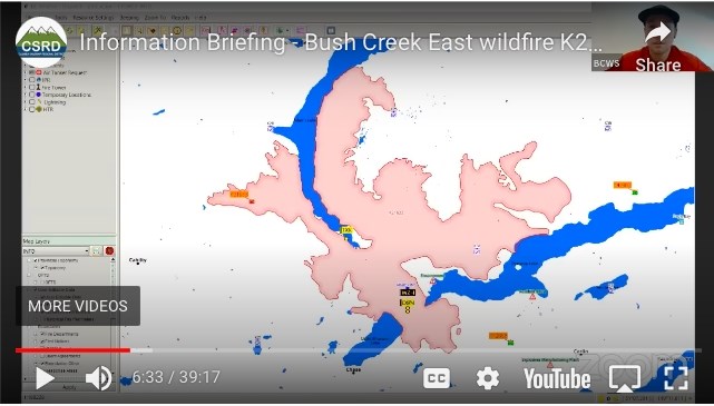 This is a map of the Bush Creek East Wildfire shown on a video update on Aug. 24 by BC Wildfire Service's Forrest Tower. No such images were shown to the public during McDougall Creek Wildfire updates.
