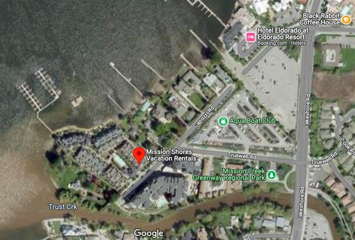 This Google map shows the stretch of beach closed to the public, although it's Mission Creek, not Trust Creek. Aqua is being built along Capozzi Road.